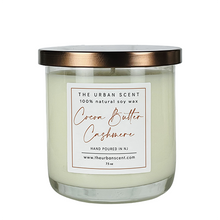 Load image into Gallery viewer, Cocoa Butter Cashmere scented soy candle in glass jar with cozy warm aroma