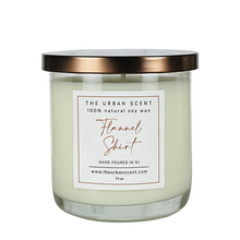 Load image into Gallery viewer, Flannel Shirt soy candle with bergamot, mahogany, and musk notes in a jar.
