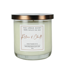 Load image into Gallery viewer, Relax & Chill blends apple, lilac, and patchouli in a hand-poured soy candle. A fresh, soothing scent for calm days and cozy evenings.