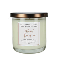 Load image into Gallery viewer, Island Passion soy candle with orange, apple, floral, and musk notes in a jar.