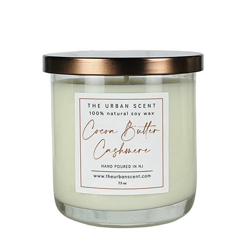 Cocoa Butter Cashmere scented soy candle in glass jar with cozy warm aroma