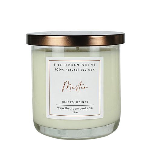 Mister Candle – soy candle with lavender, mahogany, and wood scent in a sleek jar.
