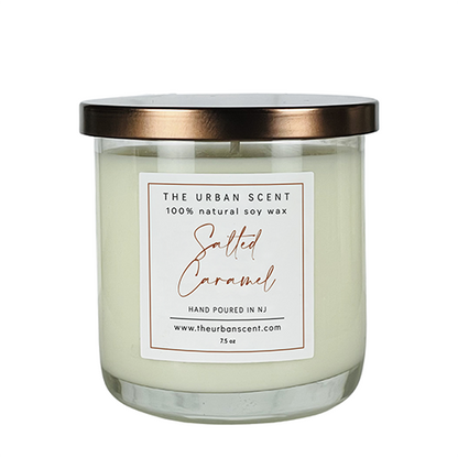 Salted Caramel soy candle with buttery, cinnamon, and maple notes in a jar.