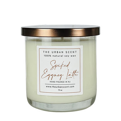 Spiked Eggnog Latte soy candle with citrus, nutmeg, and vanilla notes in a jar.