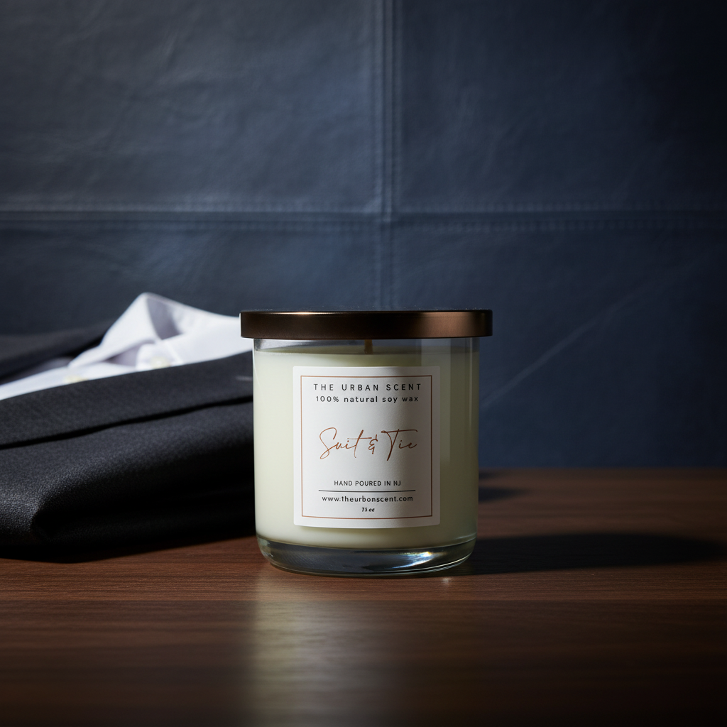 Suit & Tie soy candle with bergamot, bourbon, leather, and musk notes in a sleek jar.