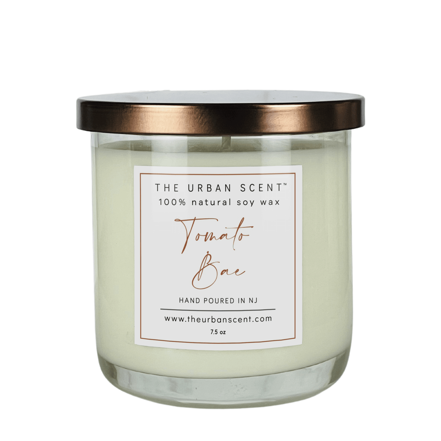 Tomato Bae scented candle by The Urban Scent in a minimalist glass jar featuring tomato leaf, basil, and lemon peel notes.