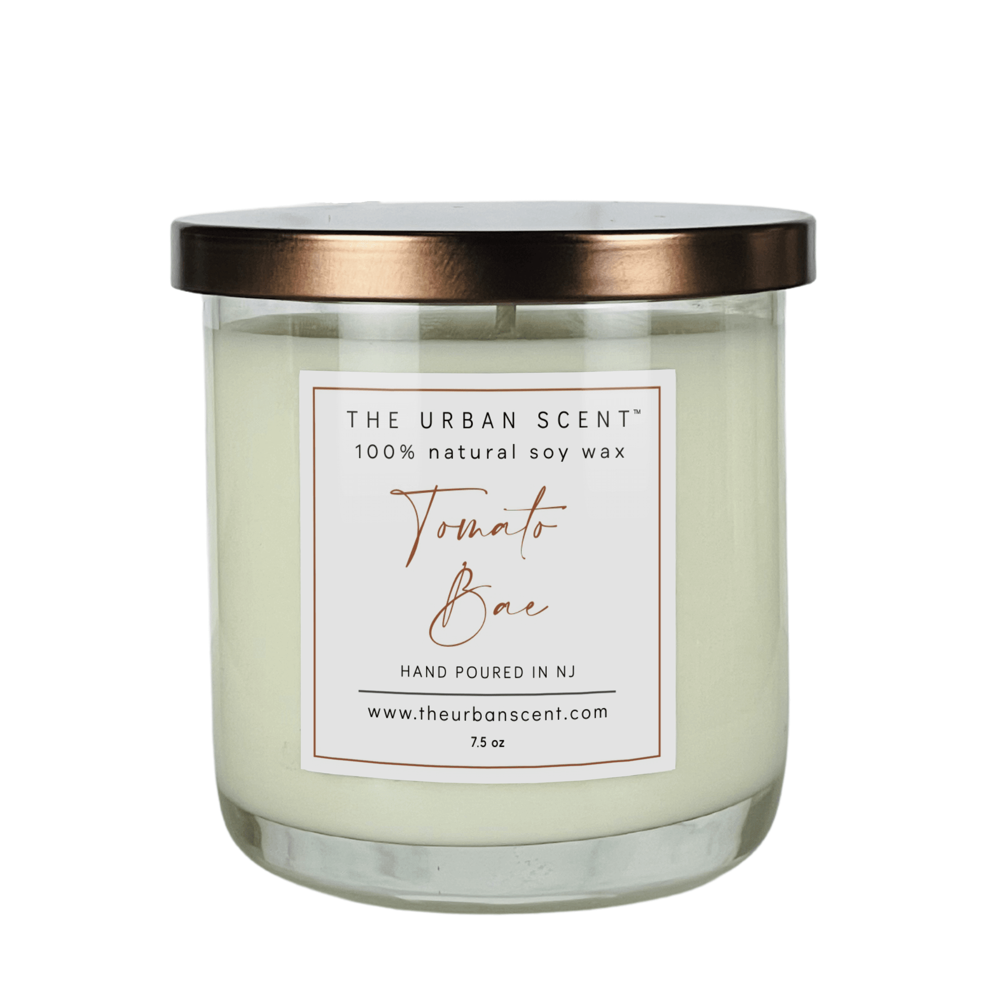 Tomato Bae scented candle by The Urban Scent in a minimalist glass jar featuring tomato leaf, basil, and lemon peel notes.