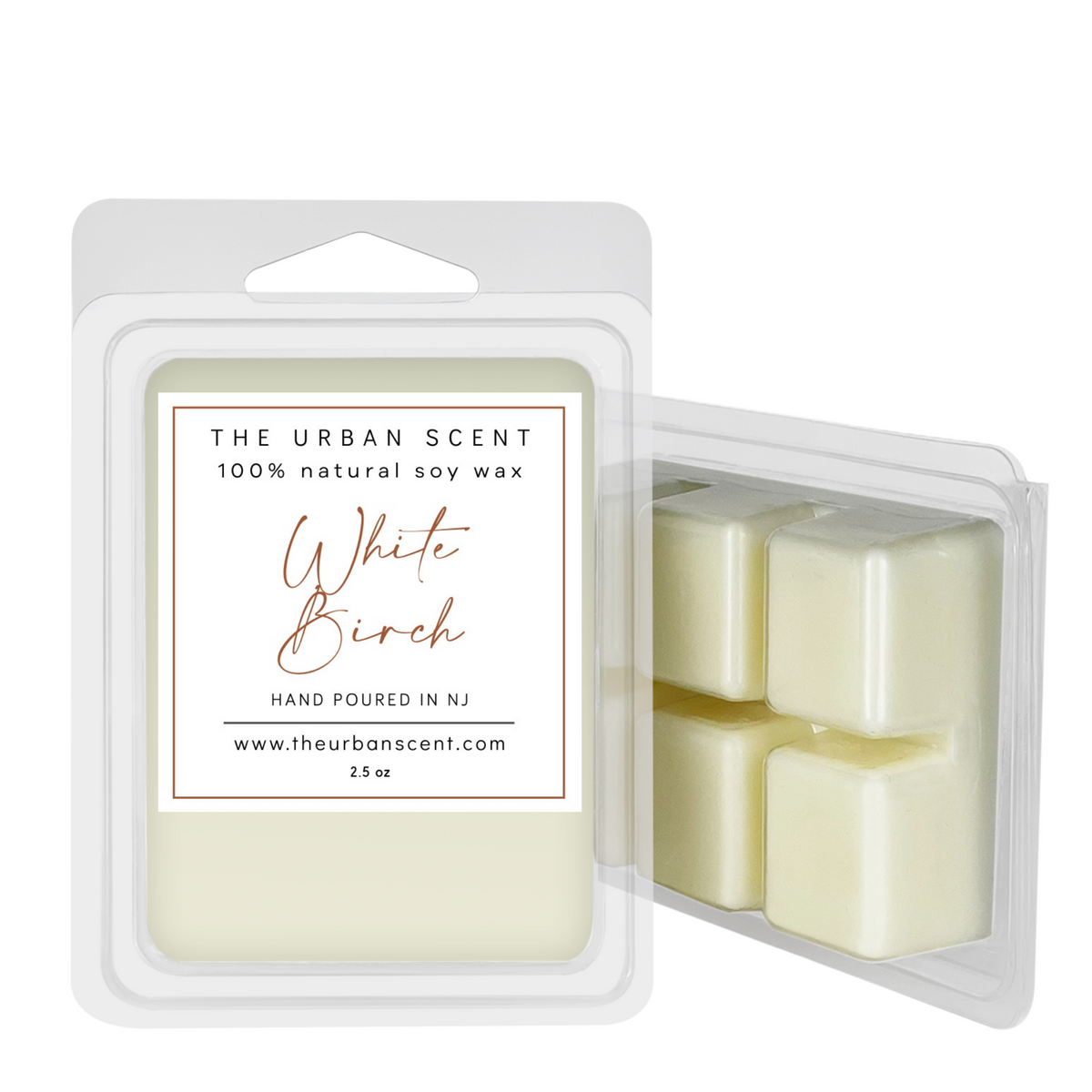White Birch soy wax melts in open clamshell